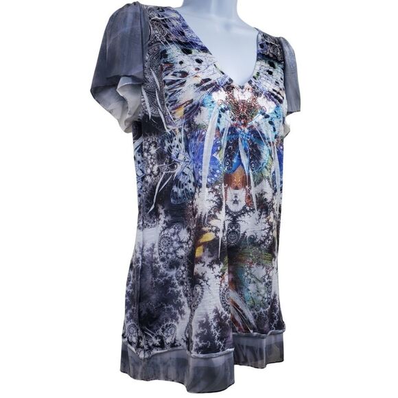 Butterfly rhinestone-adorned top with fluttery sleeves by OneWorld / Women's Med - Picture 2 of 8